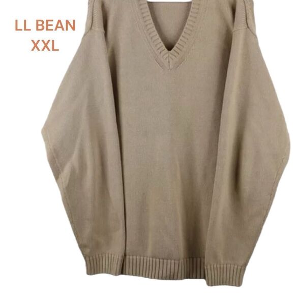 Vintage 90s LL Bean Mens Cotton Knit V-Neck Sweater Beige Men's Tan Sweater - Picture 2 of 10